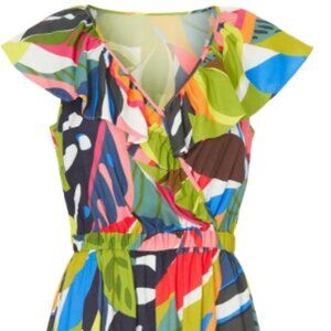 Trina Turk tropical leaf print v neck sleeveless shorts playsuit, Size L